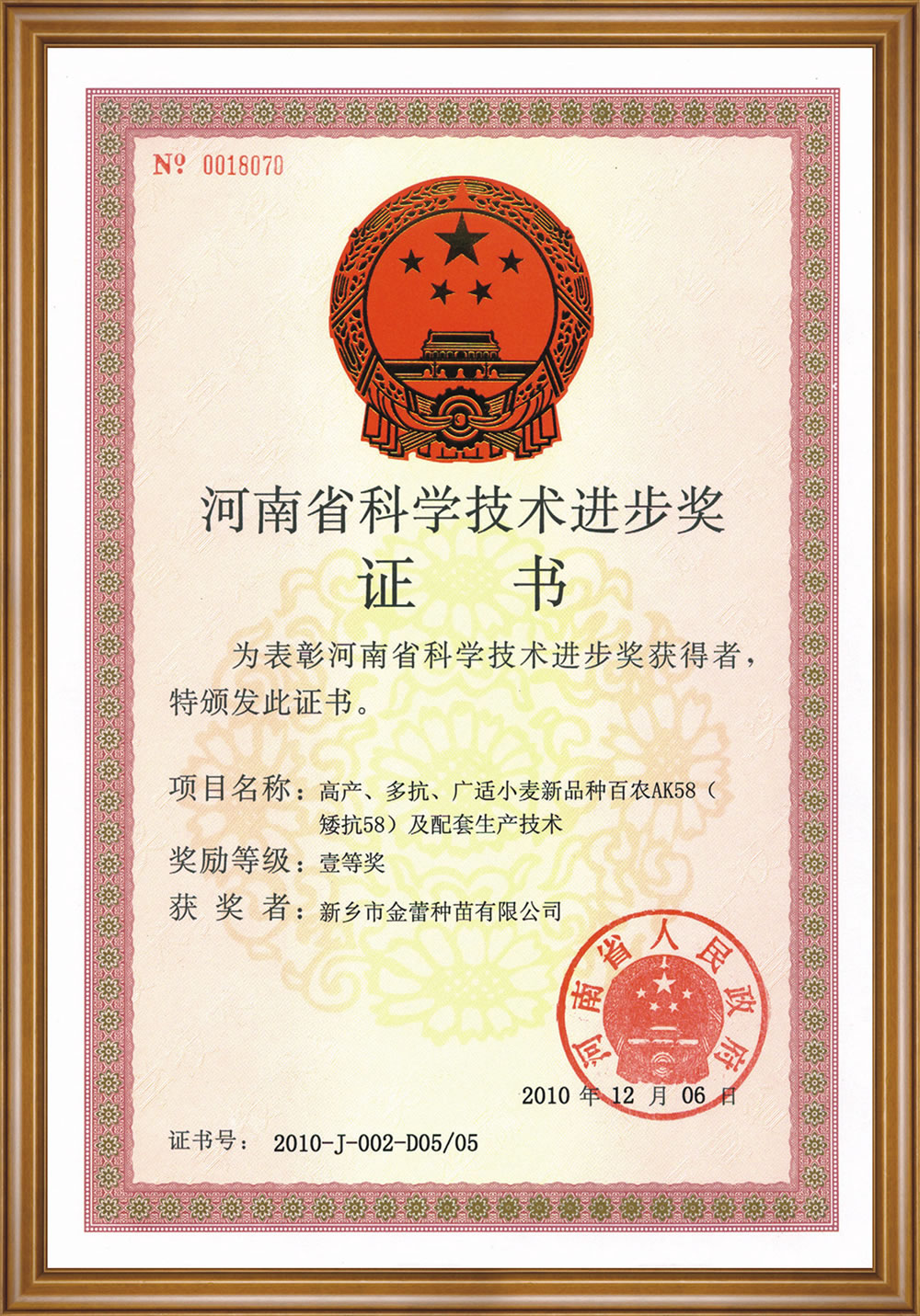 河南省科技进步一等奖