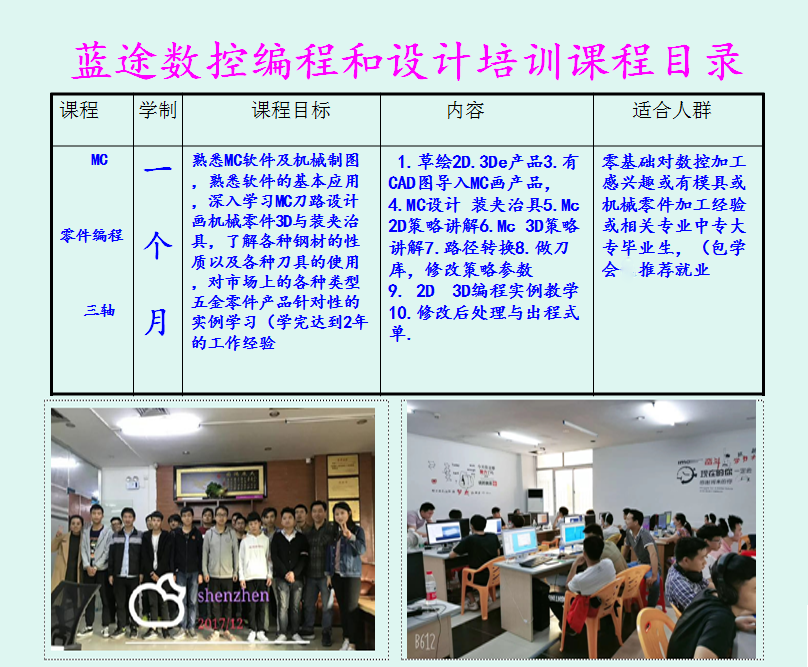 深圳MC产品零件三轴编程培训班课程目录