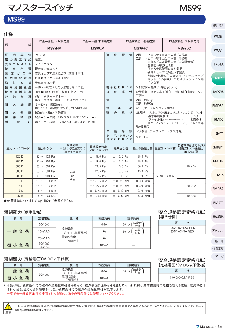 MANOSTAR山本电机微差压开关MS99LV,MS99LC - 陕西明瑞克自动化设备有限