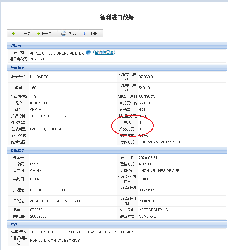中国出口手机到智利关税是0元
