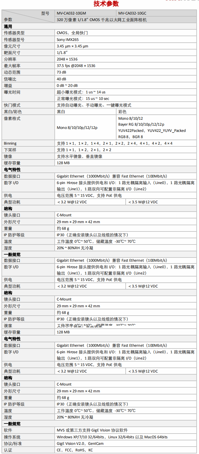 MV-CA032-10GMGC参数表