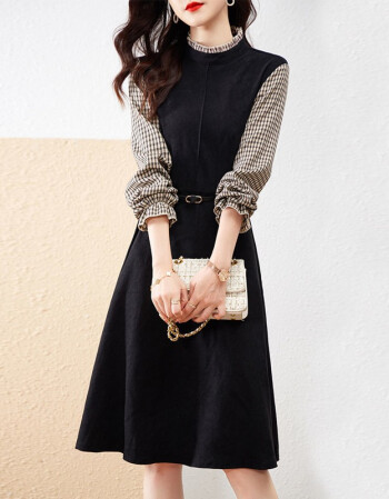 Autumn and winter 21 new Korean women's fashion temperament waist closing stitching elegant ear edge contrast skirt women's dress black M