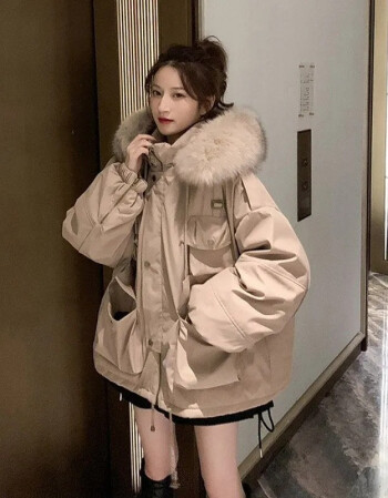 White duck down women's down jacket women's winter new light Korean version loose small student work clothes wool collar winter coat clothes y66 Khaki imitation wool collar