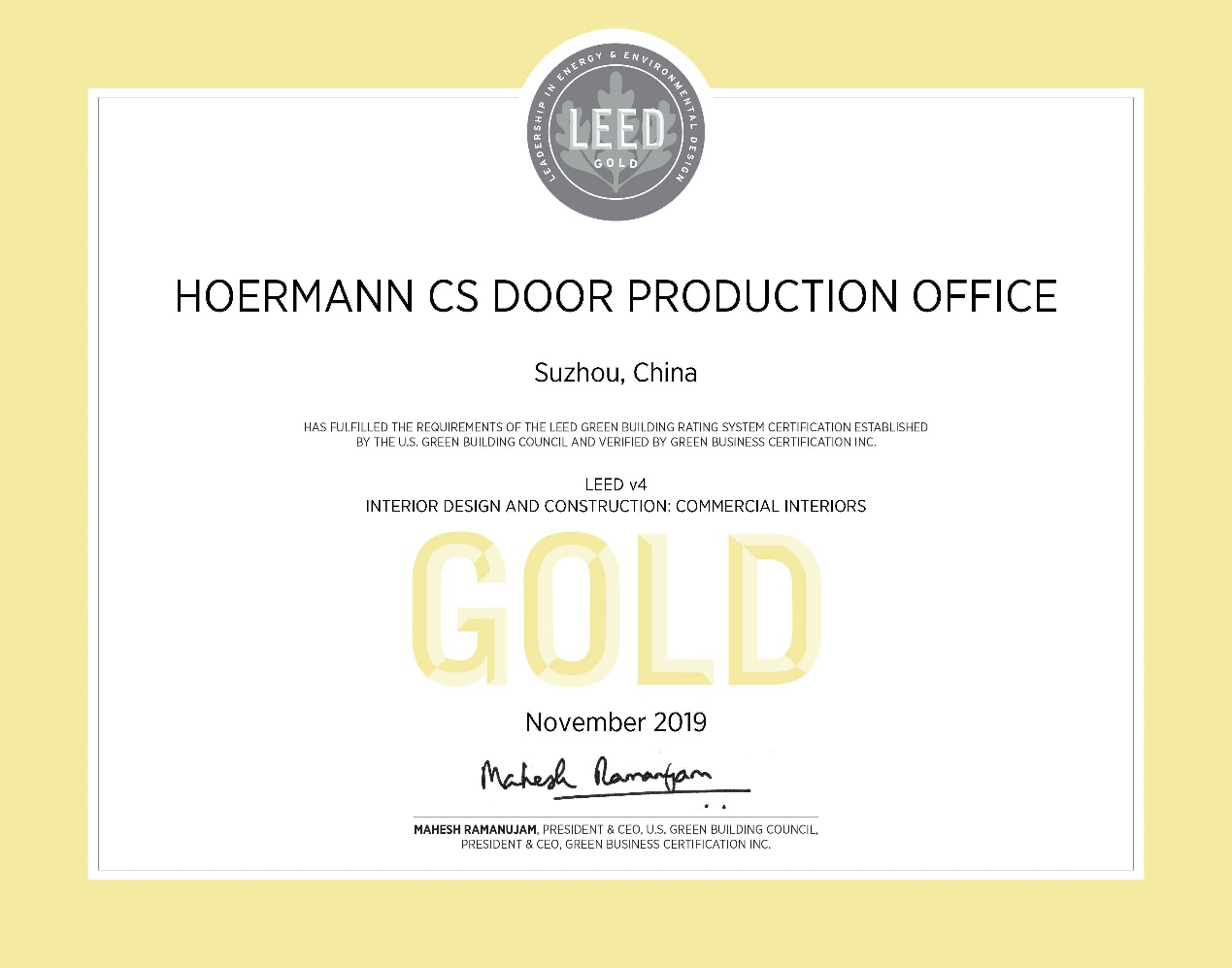 LEED Certificate Gold for Hoermann CS Door Product...