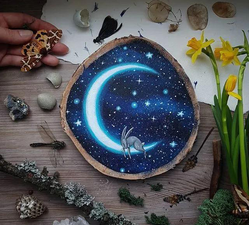 木头彩绘-兔子与月亮