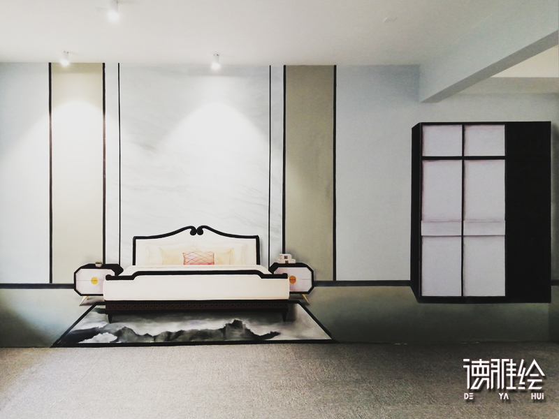 3D样板间彩绘-新中式风格手绘样板间之卧室