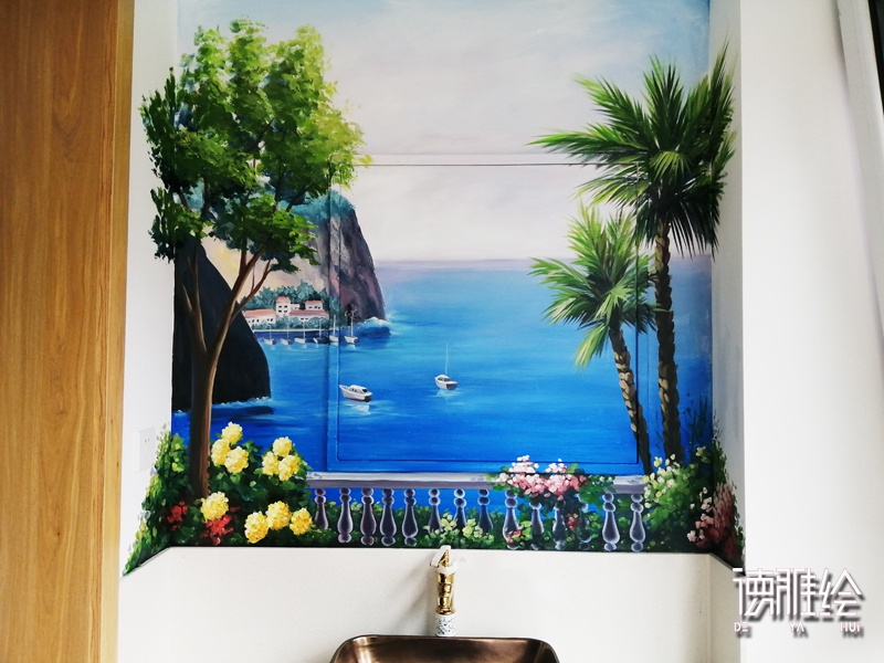 家装彩绘-青岛蔷薇公馆手绘背景墙之洗手台背景墙
