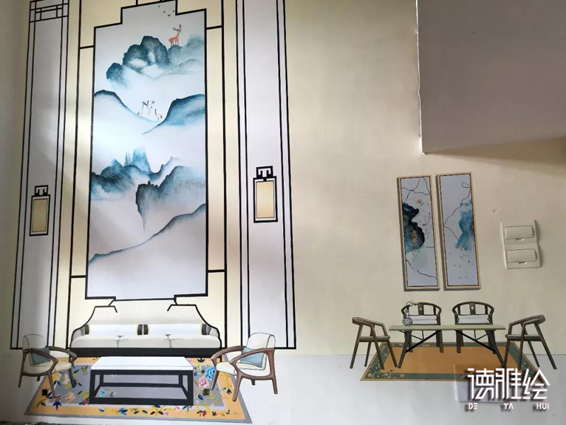 ▲手绘样板间图片｜苏州绿地太湖东岸清水样板房墙绘彩绘 | 手绘客厅
