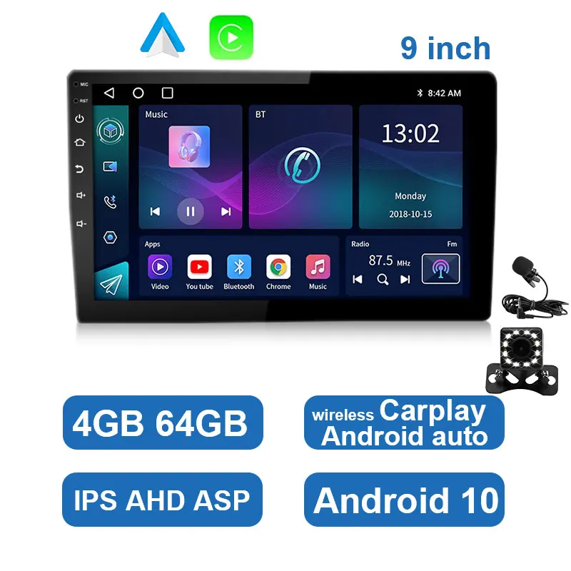 Car Radio Carplay Android Auto 9  Inch 4G 64G Universal Multimedia Player DSP AM RDS AHD GPS WIFI Autoradio