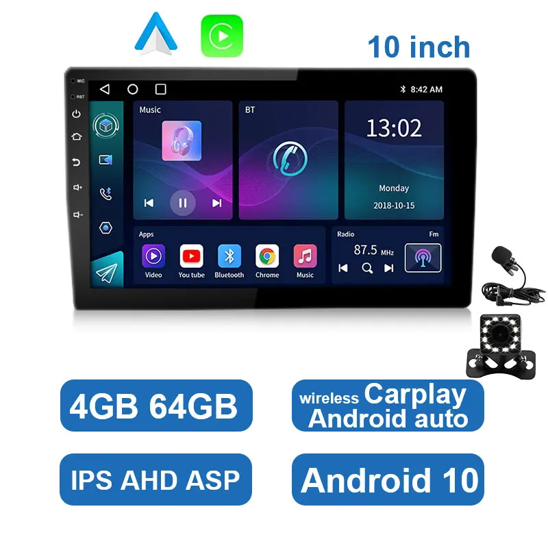 Car Radio Carplay Android Auto 10  Inch 4G 64G Universal Multimedia Player DSP AM RDS AHD GPS WIFI Autoradio