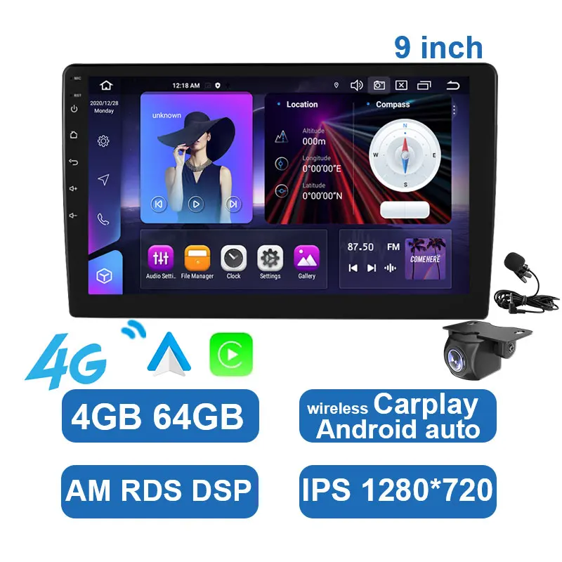 Car Radio Carplay Android Auto  9  Inch 4G 64G Universal Multimedia Player DSP AM RDS AHD GPS WIFI Autoradio