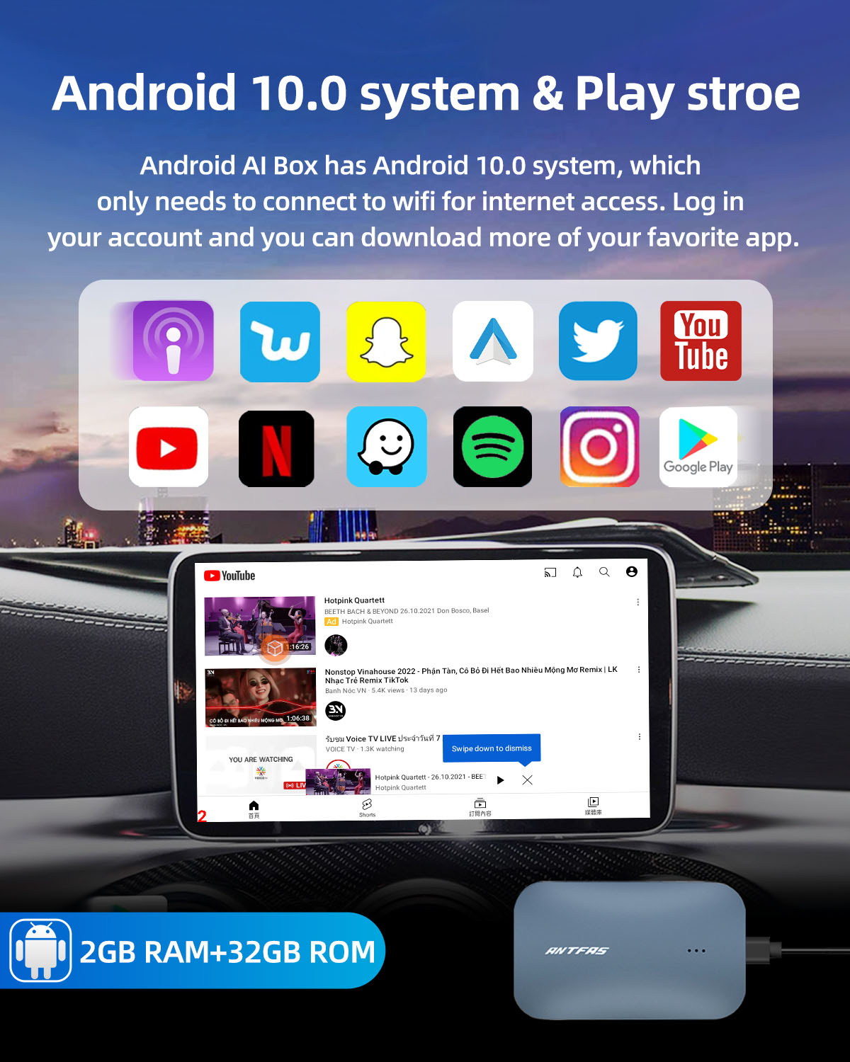 Wireless CarPlay Android Auto Multimedia Video Box Adapter,The Magic Box Support Netflix Spotify YouTube Car Video Built-in GPS,Android 10.0 System,Only for OEM Wired CarPlay Cars