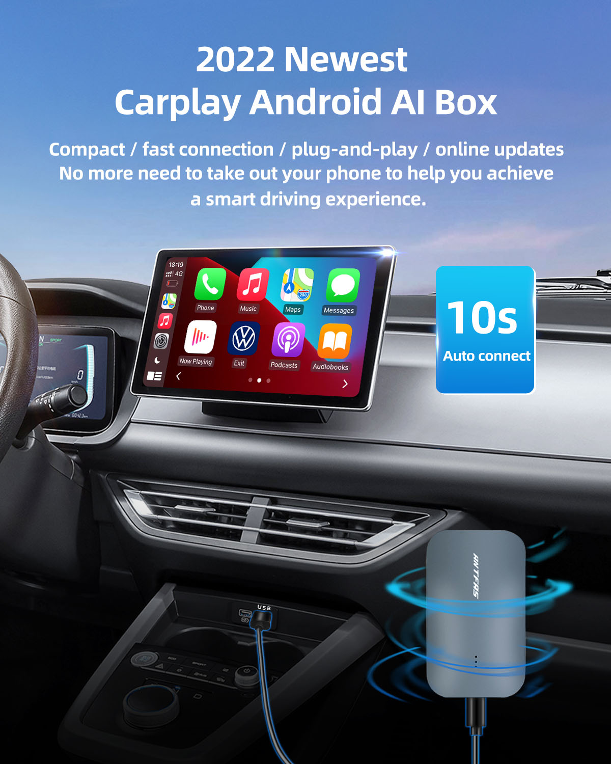 Wireless CarPlay Android Auto Multimedia Video Box Adapter,The Magic Box Support Netflix Spotify YouTube Car Video Built-in GPS,Android 10.0 System,Only for OEM Wired CarPlay Cars