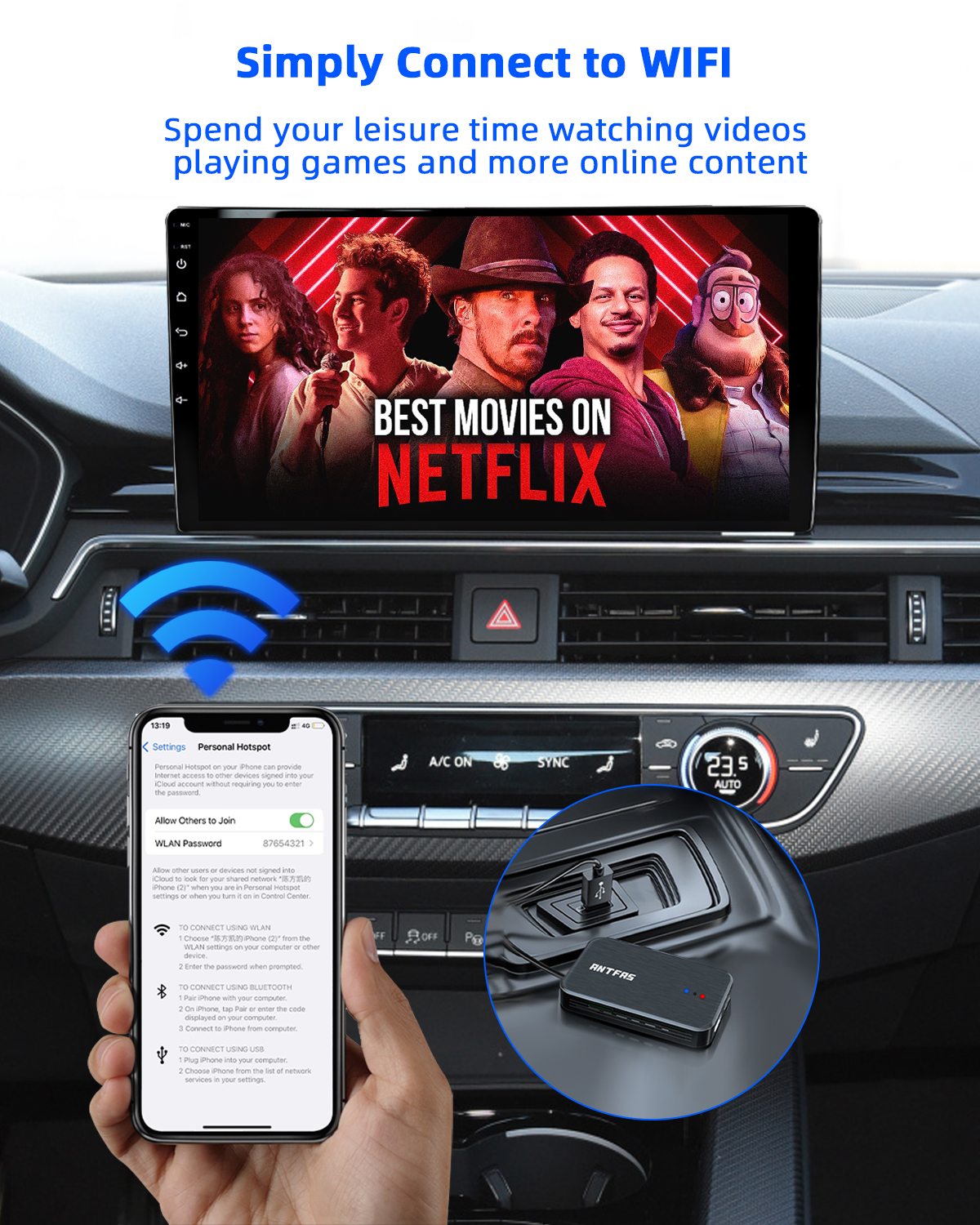 Wireless CarPlay Android AUTO Multimedia Video Box Adapter, Android 10.0 System, Built-in Navigation, Support YouTube Netflix Split Screen Plug & Play, Only for OEM Wired CarPlay Cars 2+32