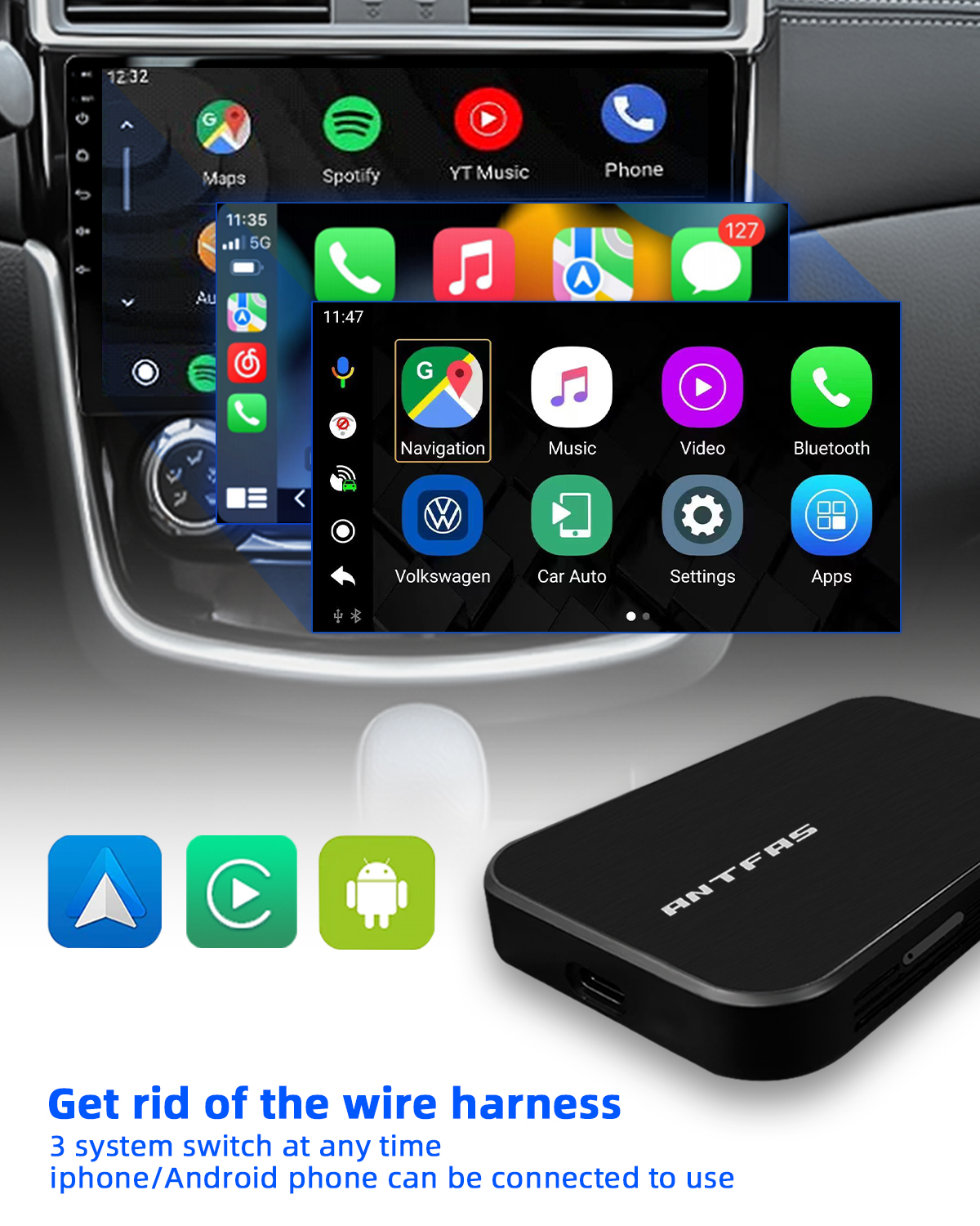 Wireless CarPlay Android AUTO Multimedia Video Box Adapter, Android 10.0 System, Built-in Navigation, Support YouTube Netflix Split Screen Plug & Play, Only for OEM Wired CarPlay Cars 2+32