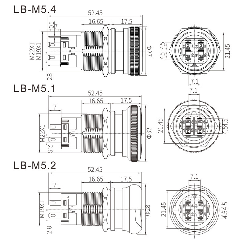LBM5系列急停 （19mm/22mm金属急停钮，M5.1/M5.2/M5.4，保持式防水IP67带灯发光红绿24V）