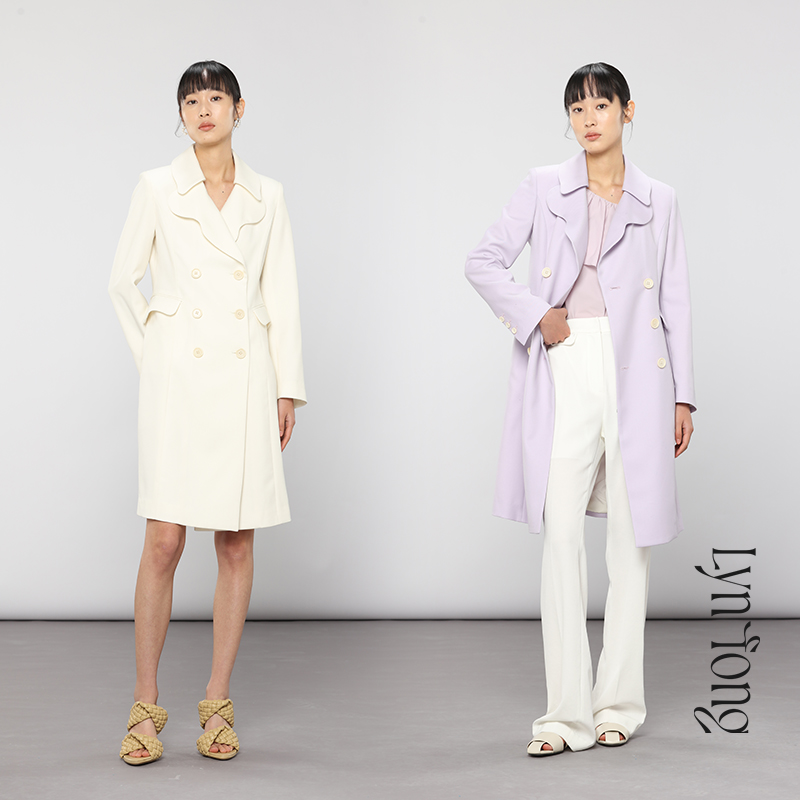 2022新春女装原创设计时尚清新连衣裙外套纽扣两穿不规则大领设计中长款紫色