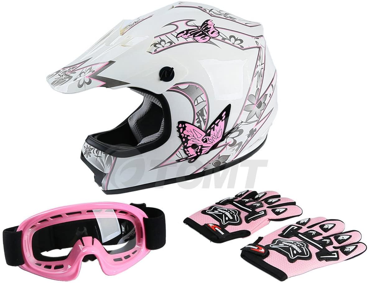 Dallfoll Youth & Kids Motocross Offroad Street Helmet Pink Butterfly Motorcycle Youth Helmet Dirt Bike Motocross ATV Helmet+Goggles+Gloves S