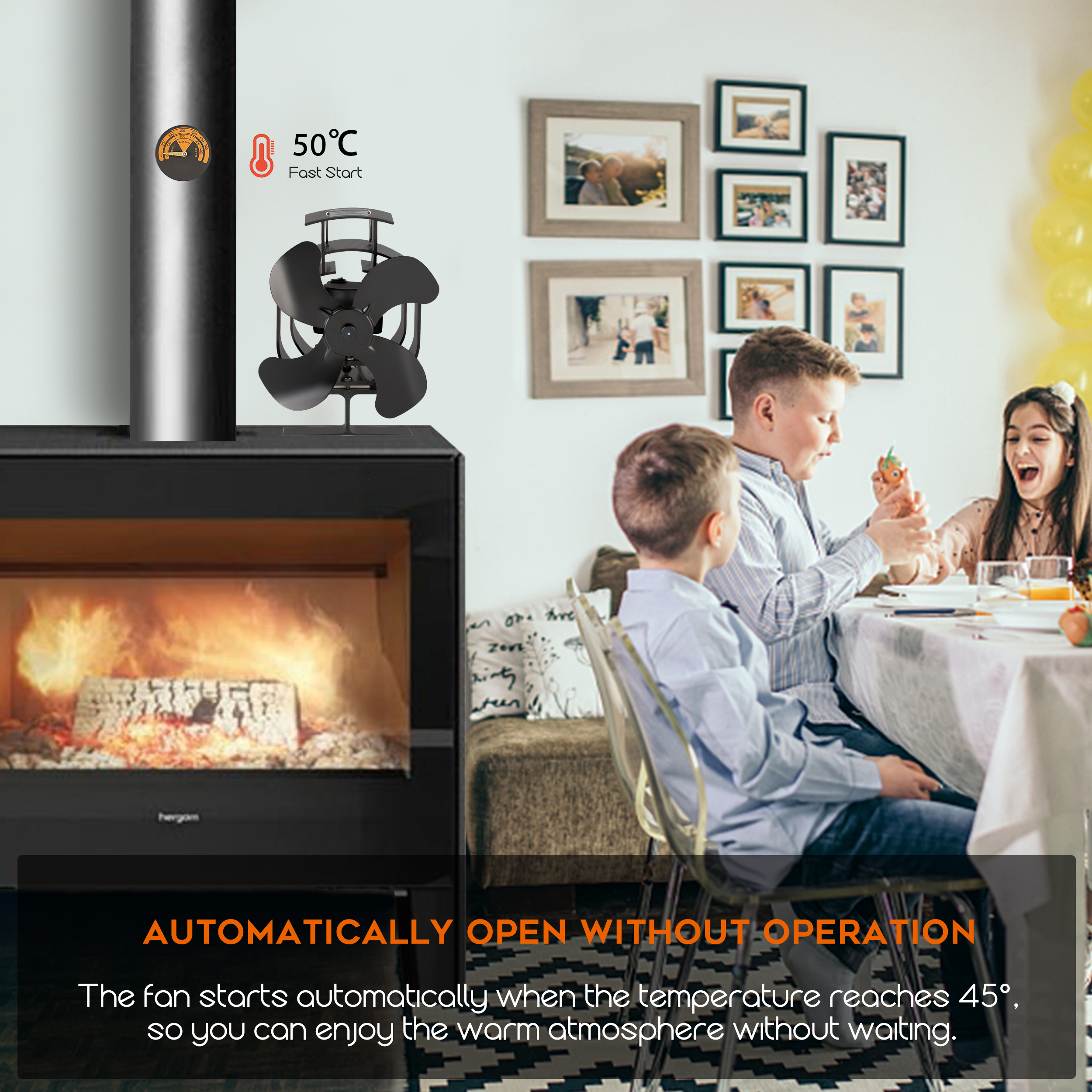 HL-300A1 Oscillating Heat Powered Stove Fan 4 Blades Fireplace Fan for Wood Log Burning Fireplace