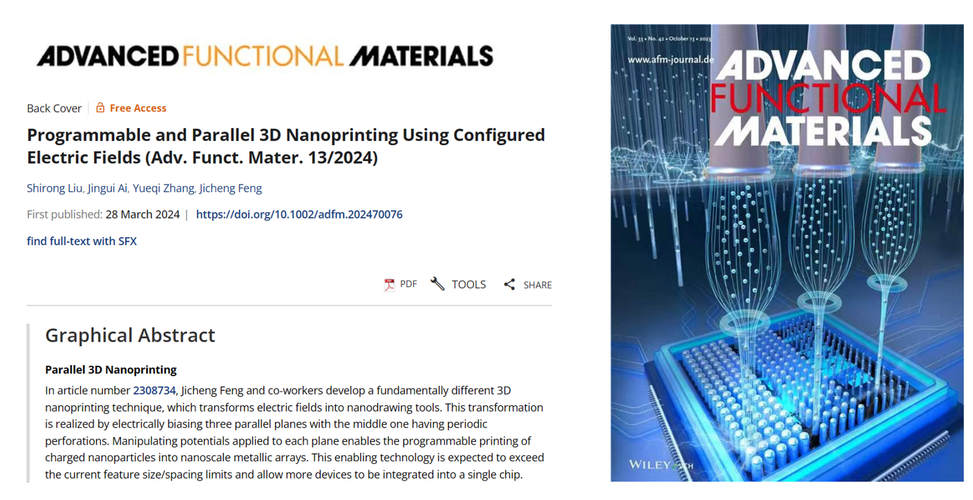 23级博士生刘仕荣的工作“Programmable and Parallel 3D Nanoprinting Using Configured Electric Fields”被选为封面