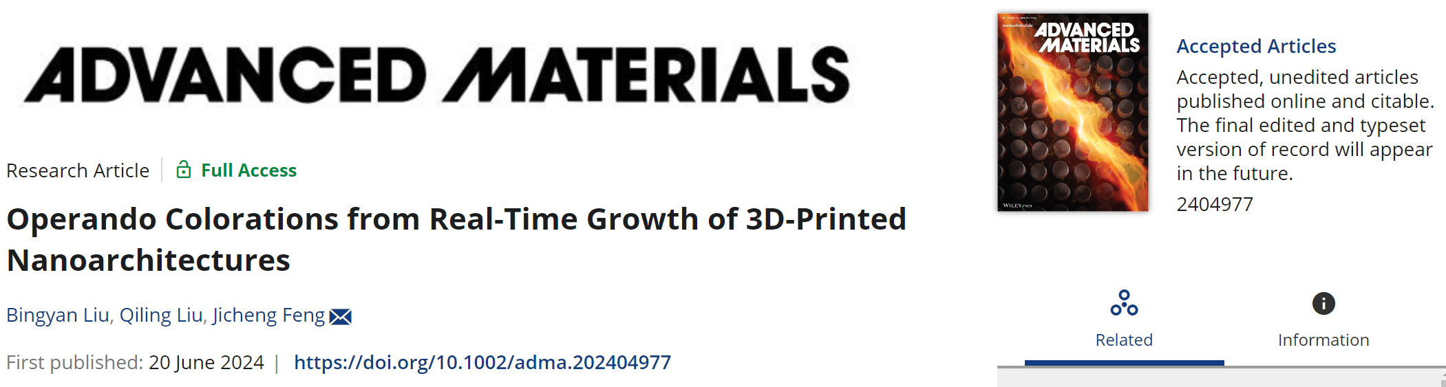 课题组博士生刘柄言的论文“Operando colorations from Real-Time Growth of 3D-Printed Nanoarchitectures”在ADVANCED MATERIALS发表