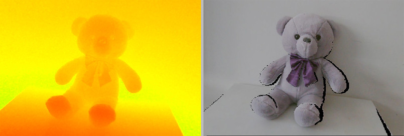 The depth image(left) is aligned with the RGB image (right) captured by DCAM710 at the same time. SDK provided by Vzense also supports the pixel alignment of RGB and depth images.