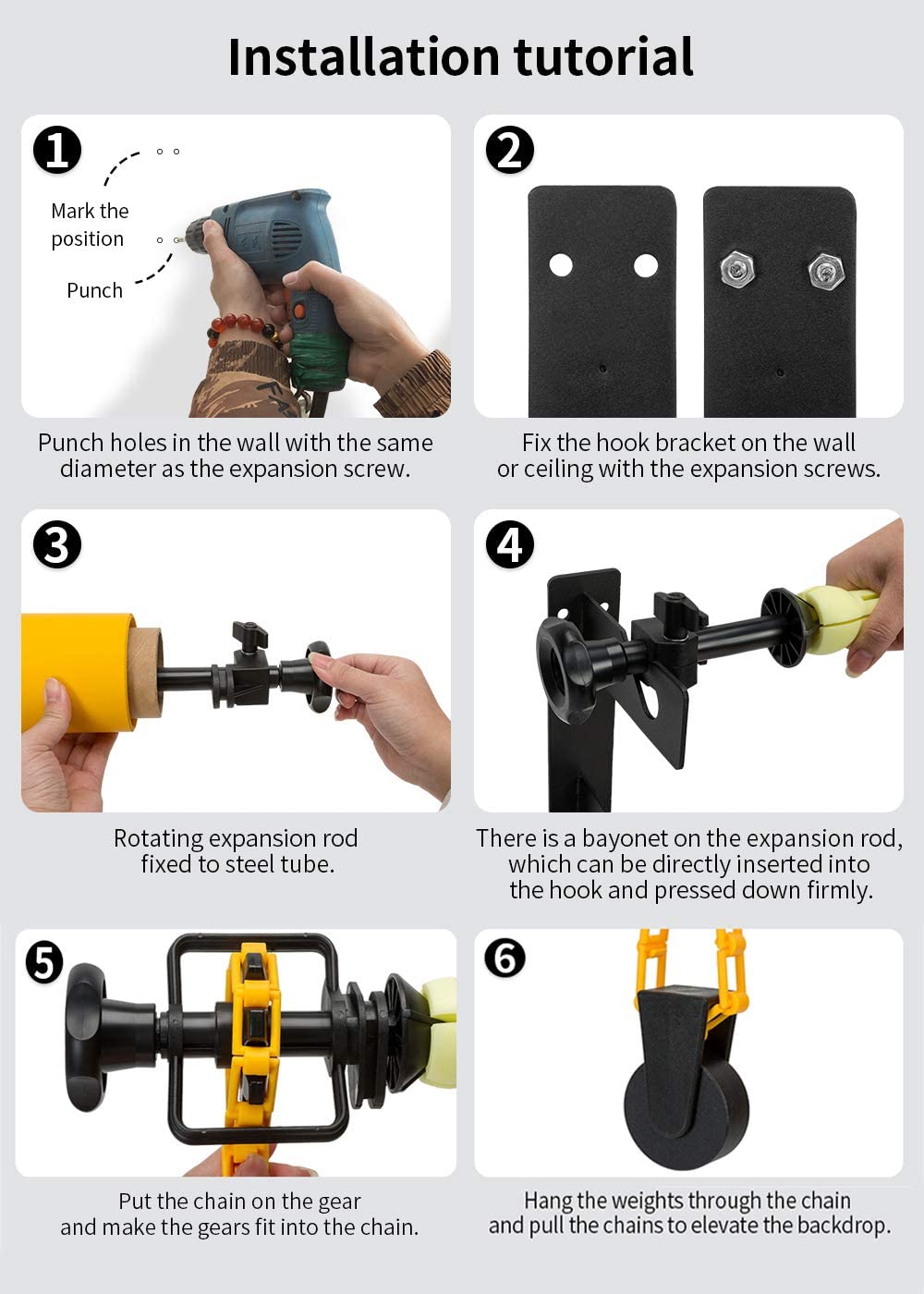 Photography 3 Roller Wall Mount Manual Background Roller Support System with 2 Tri-fold Hooks, 6 Expand Bars and 3 Chains, for Holding 3 Backdrops
