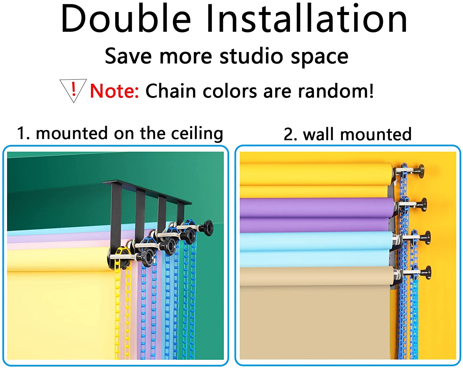 4 rollers Photography Backdrop Wall Mount Roller System 4 Support Rollers, Manual Photo Background Ceiling Holder, Including 2 Four-fold Hooks, 8 Expand Bars, 4 Chains, for Home Studio Live Shooting