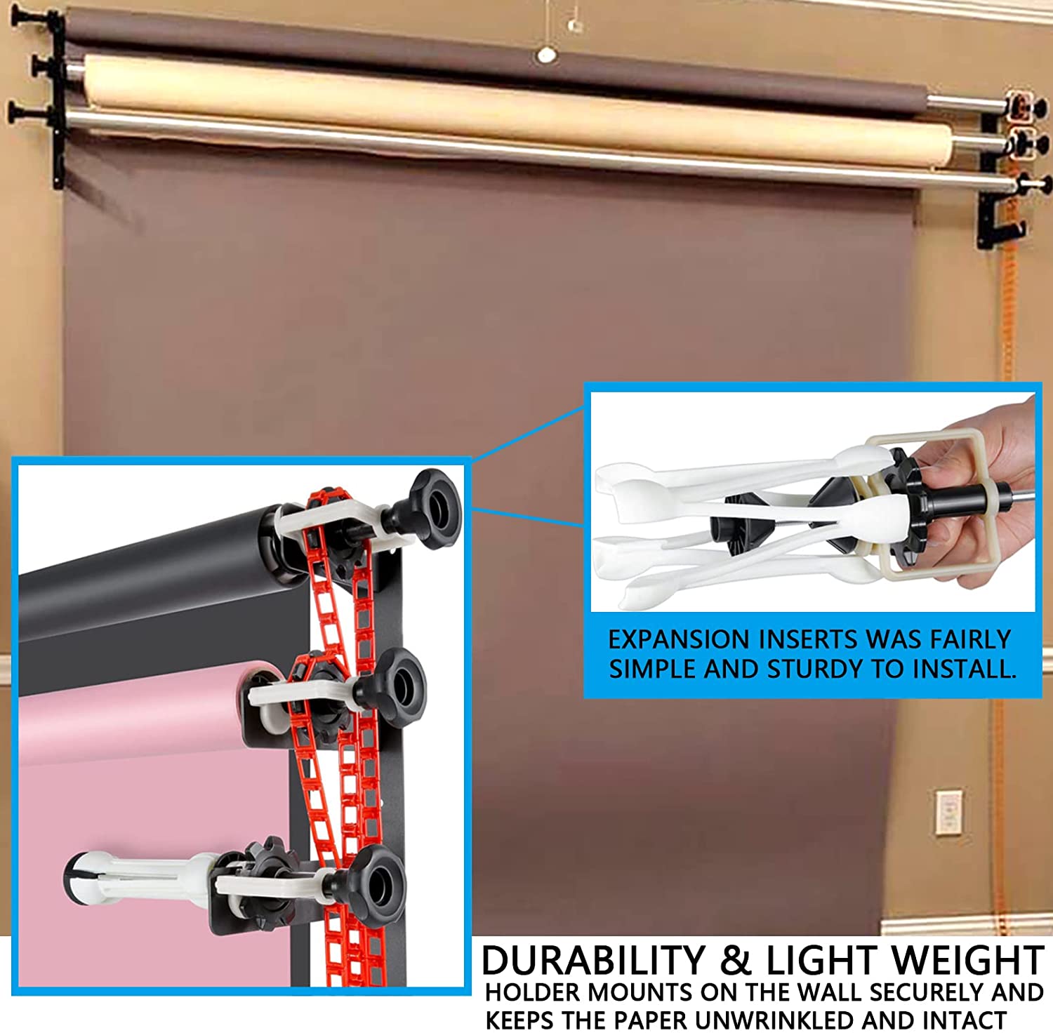 4 rollers Photography Backdrop Wall Mount Roller System 4 Support Rollers, Manual Photo Background Ceiling Holder, Including 2 Four-fold Hooks, 8 Expand Bars, 4 Chains, for Home Studio Live Shooting