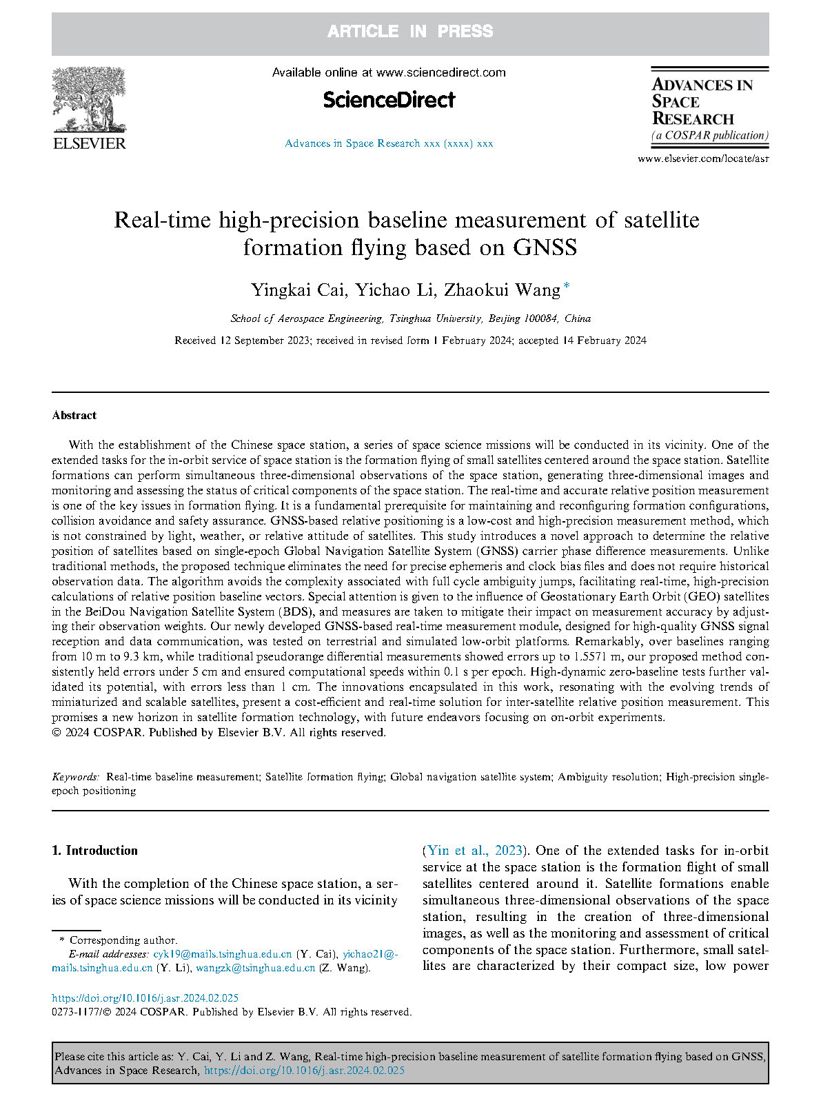 【New Publications!】Real-time High-precision Baseline Measurement of Satellite Formation Flying Based on GNSS