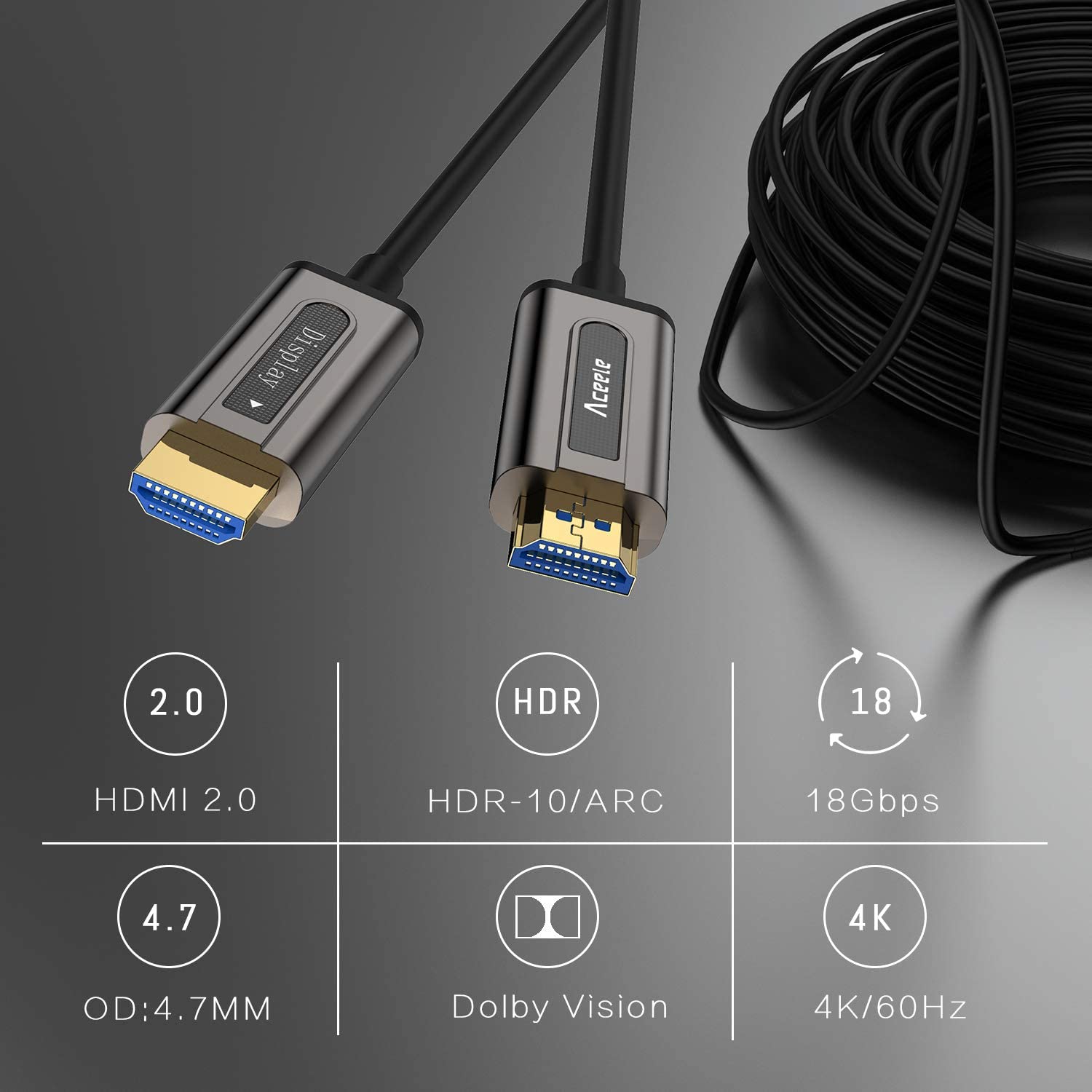 03-90320 Fibre Optic HDMI Cable, Aceele 4K HDMI Cable 20m, High Speed HDMI to HDMI Extender Cable for Xbox 360, PS3/PS4 to Connect Displays, HDTVs and More - 5m