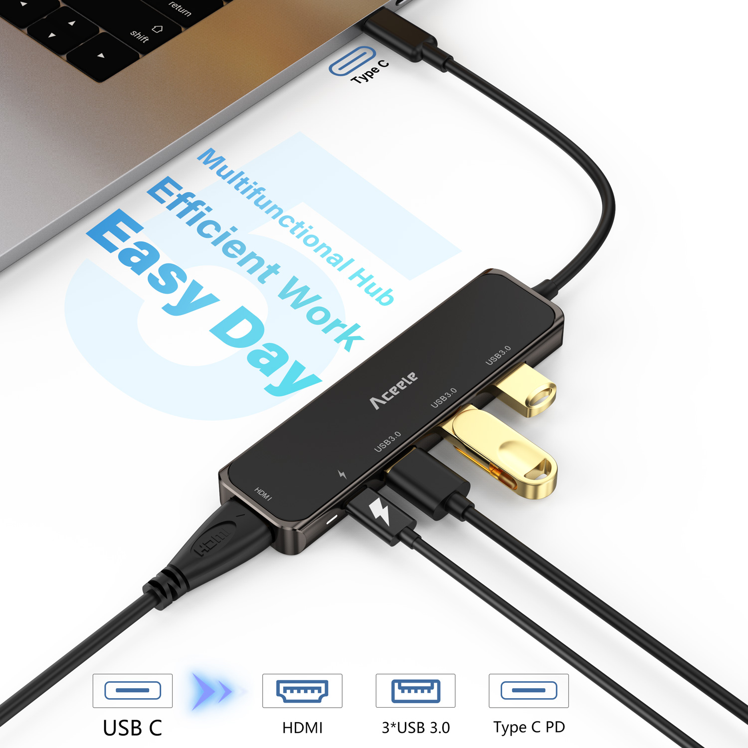 03-90359 USB C Hub, Aceele Thunderbolt 3 Multiport Adapter Dongle with HDMI, USBC Power Delivery Charging, 3 USB 3.0 Ports for MacBook Pro, iPad, Chromebook, XPS 13, Type C Laptop Samsung Tab