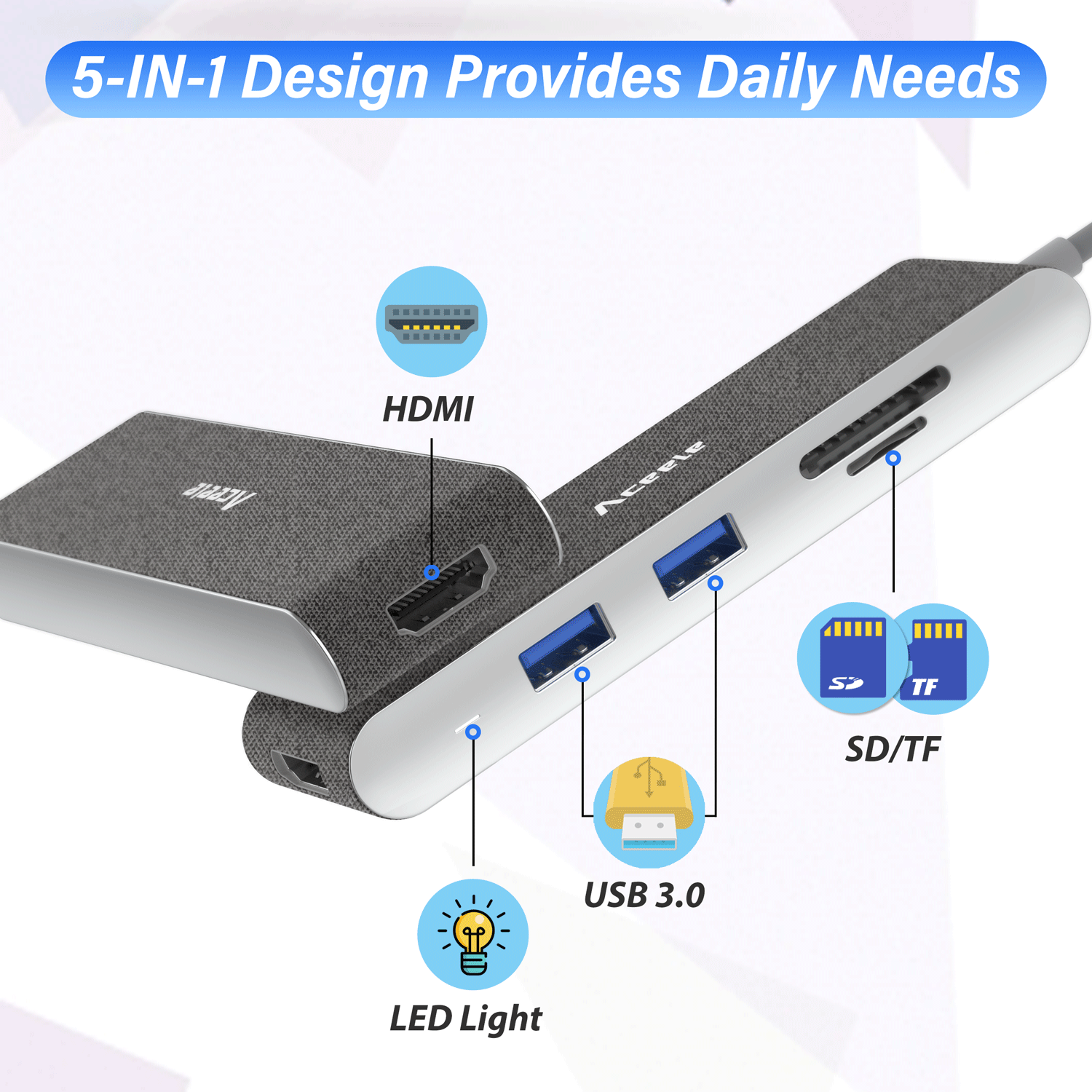 03-90360 5 in 1 USB C Hub, Aceele USB C Multiport Adapter 4K HDMI Port USB C Hub with 2 USB 3.0 Ports, SD / Micro SD Reader for Macbook Pro / Air (Thunderbolt 3) Dell XPS Huawei Mate 20 Type C Devices