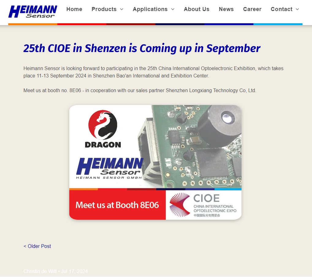 Heimann Sensor is looking forward to participating in the 25th China International Optoelectronic Exhibition, which takes place 11-13 September 2024 in Shenzhen Bao'an International and Exhibition Center.Meet us at booth no. 8E06 - in cooperation with our sales partner Shenzhen Longxiang Technology Co, Ltd.