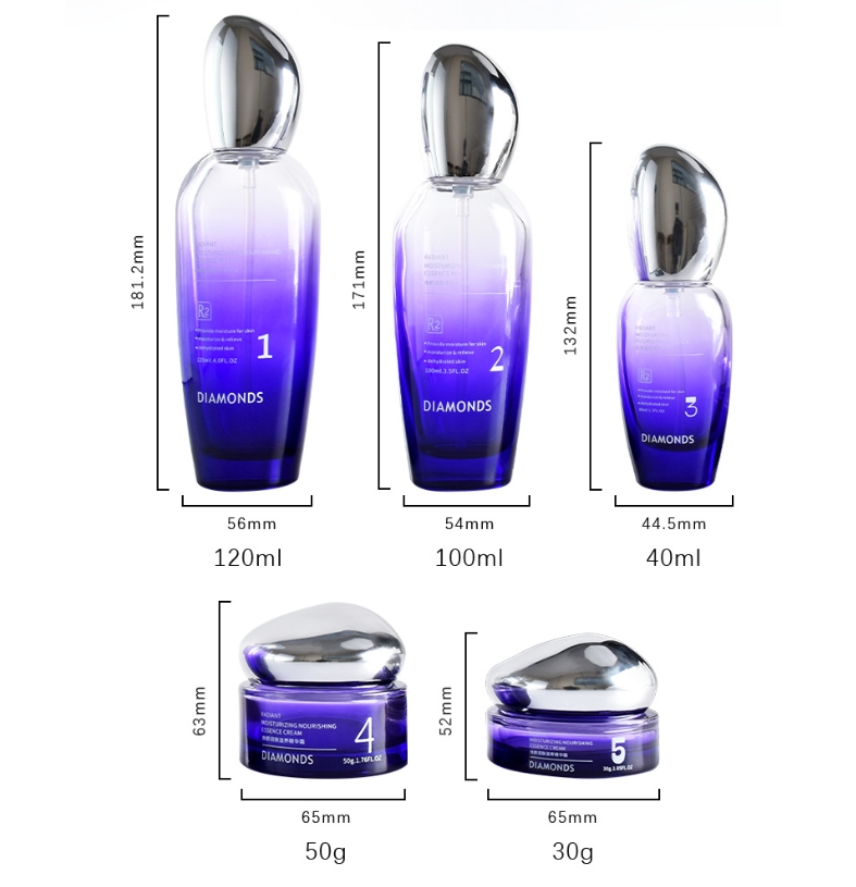 YF290 Custom Unique Cosmetic Packaging Set Blue Purple Gradient Printed Empty Glass Bottle Face Cream Jar Skincare Glass Lotion Bottle With Pump