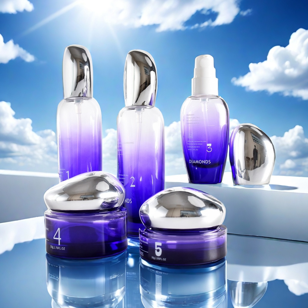 YF290 Custom Unique Cosmetic Packaging Set Blue Purple Gradient Printed Empty Glass Bottle Face Cream Jar Skincare Glass Lotion Bottle With Pump