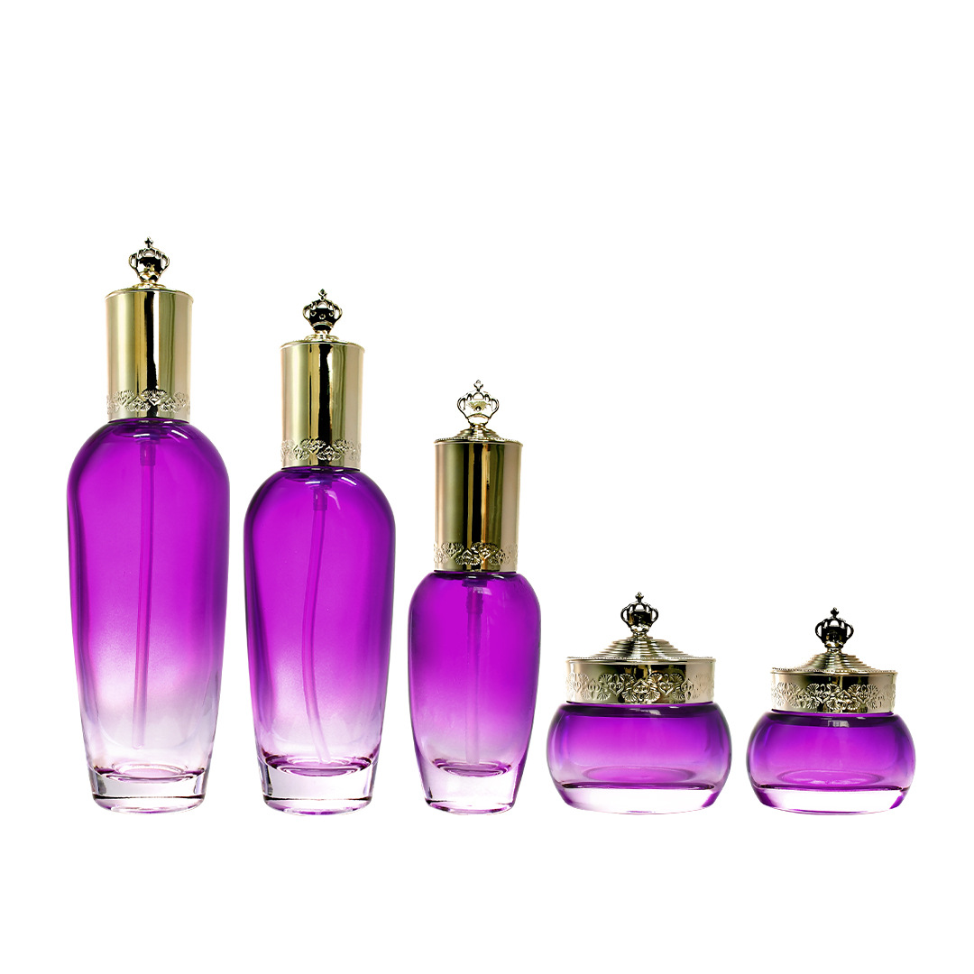 YF291 Luxury Empty Golden Glass Lotion Bottle with Pump and Cream Jar with Lids for Cosmetic Glass Packaging