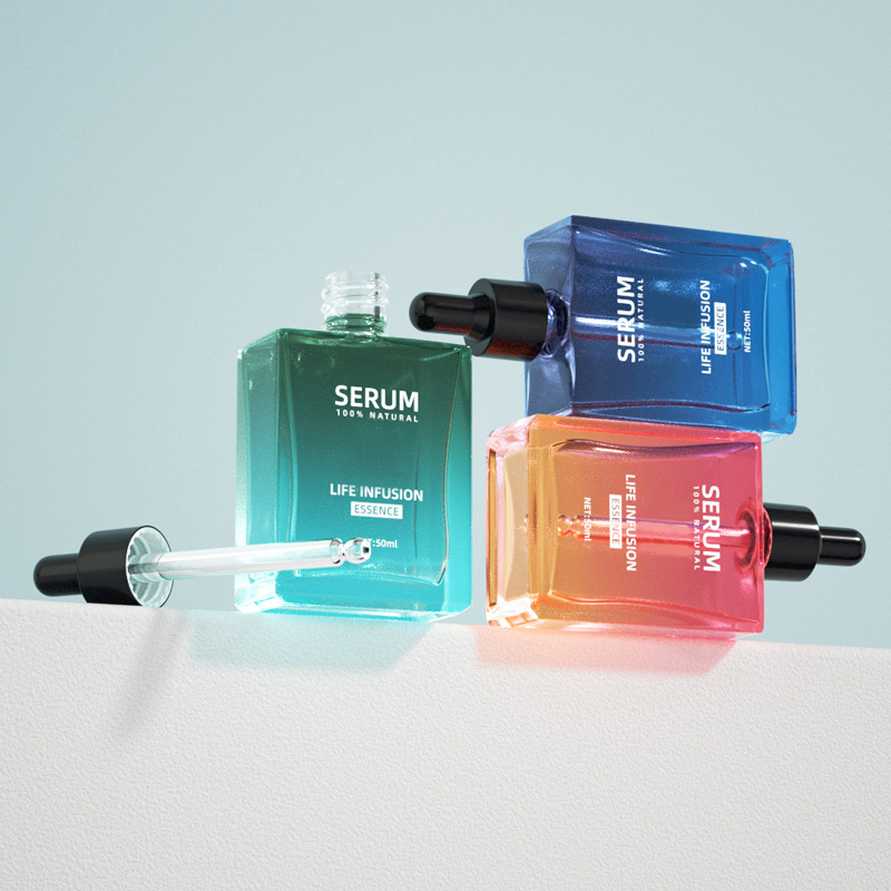 YF-OL001 Flat Square Glass Essential Oil Dropper Bottle with Plastic Tip Dropper