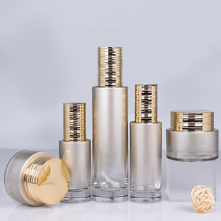 Glass Cosmetic Bottle Set with Gold Plated Cap for Lotion Packaging YF284