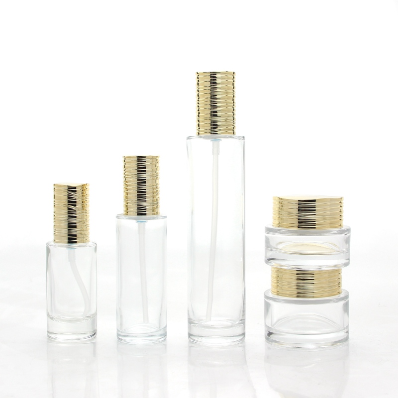 Glass Cosmetic Bottle Set with Gold Plated Cap for Lotion Packaging YF284