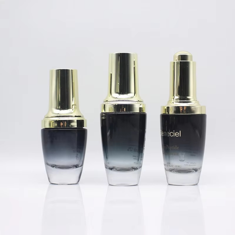 Black Glass Bottles For Skincare Packaging With Gold Screw Caps YF013A