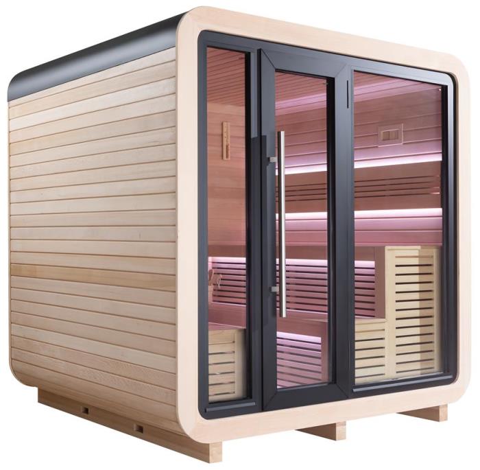 The aim of the development was to build a perfect garden sauna that can be used both privately and commercially. Our outdoor sauna is fully assembled at the factory. You have no further effort for the construction. Simply place the sauna on a solid surface,glaze the sauna in the color of your choice and install the sauna heater. Done, the sauna can be used.