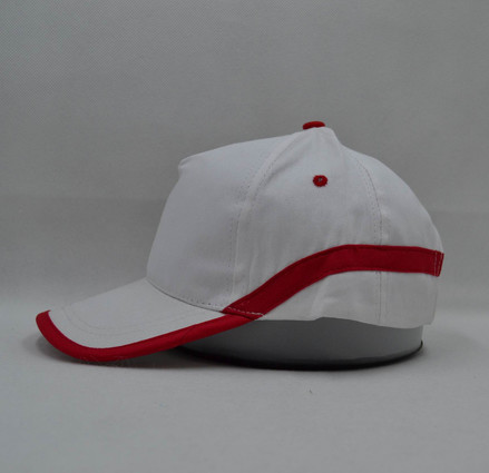 8881 5panels combination lines and border peak cap,combination headwear headgear,white/red,