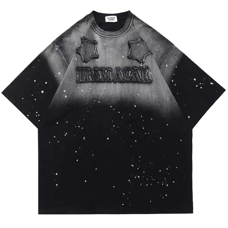 American gothic style oversize street style splash ink gradient color patch embroidery star short-sleeved shirt male