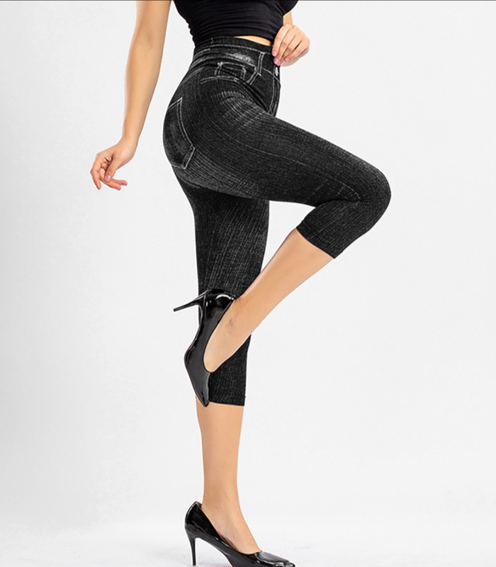 New Fashion Women Elastic Printing Simulated Denim Short Leggings