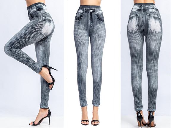New Fashion Female Elastic Printing Simulated Denim Capri Pants Leggings