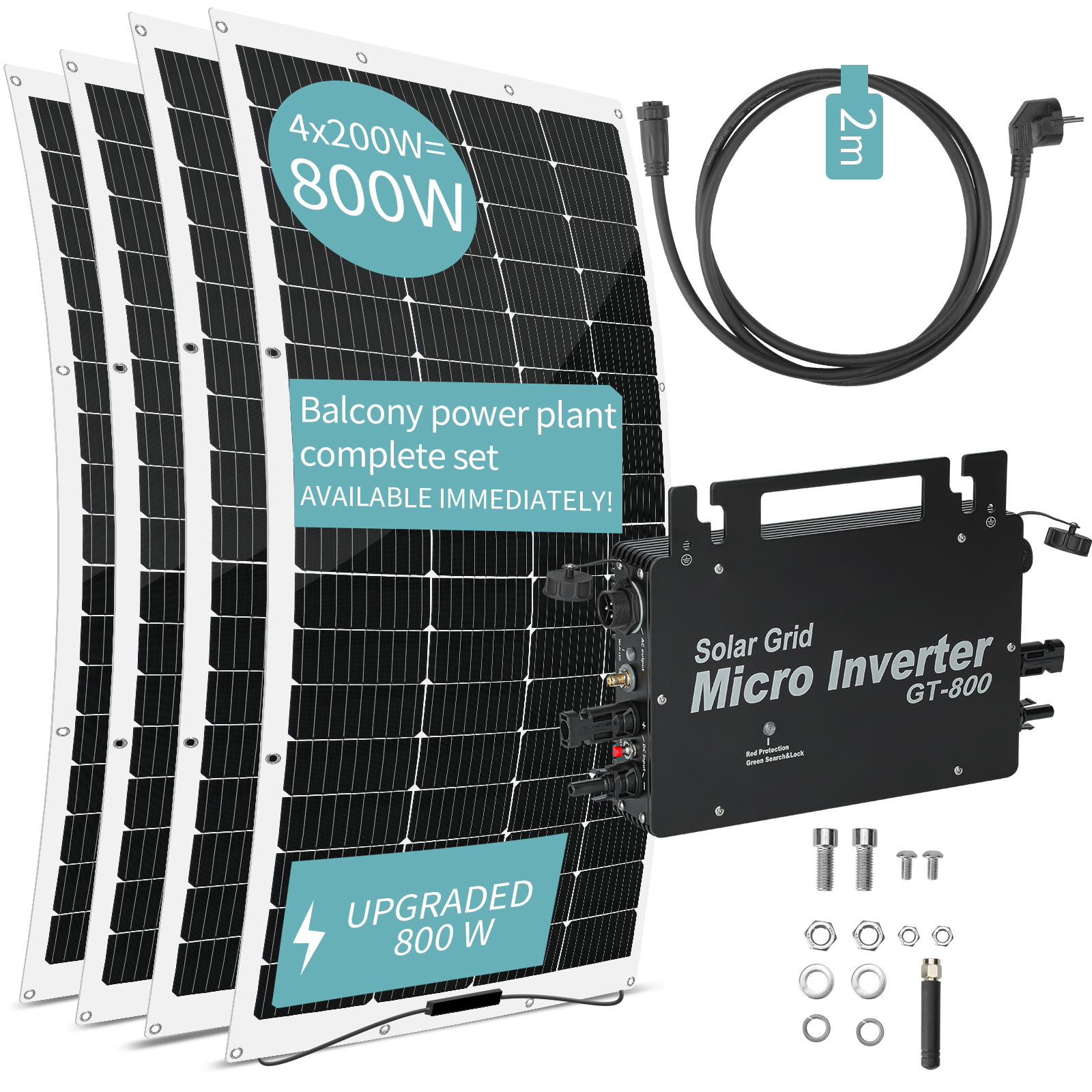 LANPWR 800W Balcony Power Plant with 4 x 200W Flexible Solar Panels, 800W Solar Grid Micro Inverter, 23% Solar Conversion Efficiency, 99.80% Static MPPT Efficiency, WiFi Connection, IP67 Waterproof