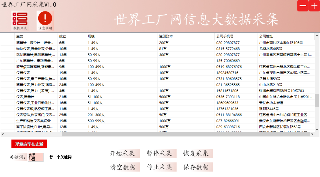 世界工厂供应商采集(信息采集软件/实时采集/快速搜索/自动过滤重复功能/关键词自动采集