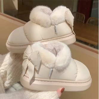 Cute Warm Ankle Boots Winter Women's Bow Warmth Plush Bow Cotton Shoes 2024 New Waterproof Down Cloth Short Barrel Snow Boots