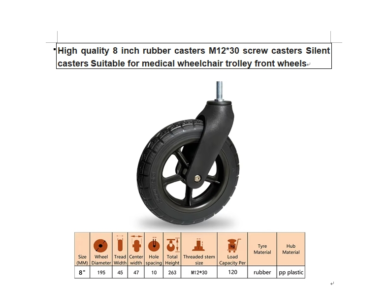 High quality 8 inch rubber casters M12*30 screw casters silent for medical wheelchair